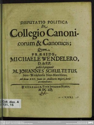 Disputatio politica de collegio canonicorum & Canonicis