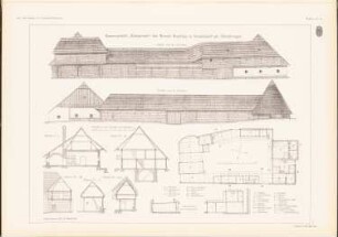 Bauerngehöft Kohlgrund des W. Huschka, Ketzelsdorf: Grundriss, Ansicht von Norden, Ansicht von Süden, Schnitte (aus: Das Bauernhaus in Österreich-Ungarn, hrsg.v. Ingenieur- und Architektenverein, 1906)