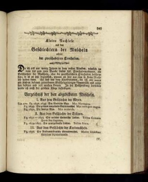 Kleine Nachlese aus den Geschlechtern der Muscheln oder der zwoschalichten Conchylien.