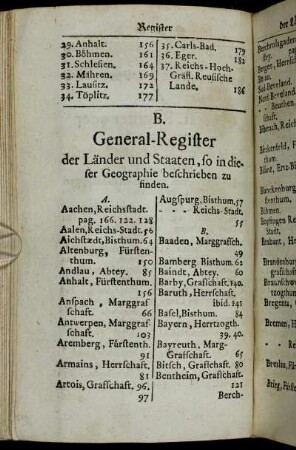 B. General-Register der Länder und Staaten, so in dieser Geographie beschrieben zu finden