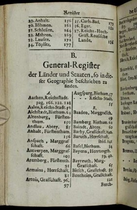 B. General-Register der Länder und Staaten, so in dieser Geographie beschrieben zu finden