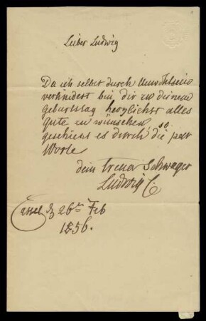 Brief von Ludwig Emil Grimm an Ludwig Hassenpflug