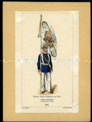 Uniformdarstellung, Fahnen-Unteroffizier des 4. Garde-Regiments zu Fuß in Parade, Preußen, 1861. Aus: Der Soldatenfreund.
