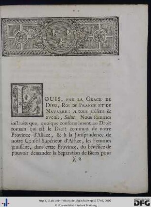 Édit Du Roi, Concernant Les Séparations de Biens dans l'étendue du Mundat de Wissembourg en Alsace.