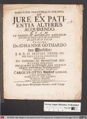 Disputatio Inauguralis Iuridica De Iure Ex Patientia Alterius Acquirendo