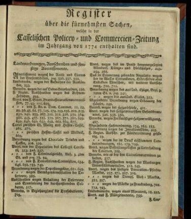 Register ueber die fuernehmsten Sachen, welche in der Casselischen Policey- und Commercien-Zeitung im Jahrgang von 1774 enthalten sind