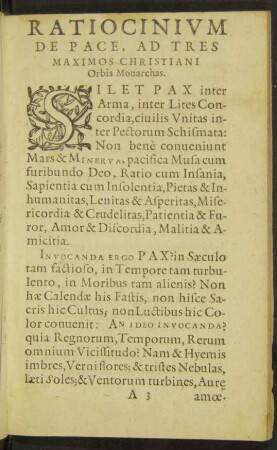 Ratiocinium De Pace, Ad Tres Maximos Christiani Orbis Monarchas.
