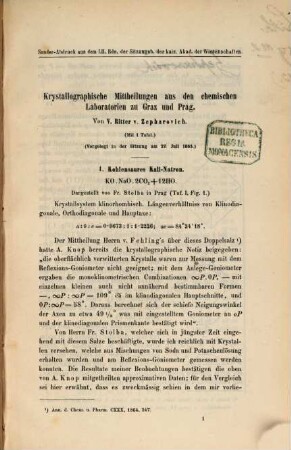 Separatabdrücke aus den Sitzungsberichten der Kais. Akademie der Wissenschaften in Wien, math.-naturwiss. Cl. : In 1 vol.. 12