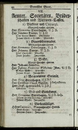 VII. Aemter, Societäten, Brüderschaften und Wittwen-Cassen.