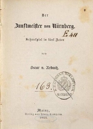 Der Zunftmeister von Nürnberg : Schauspiel in fünf Acten