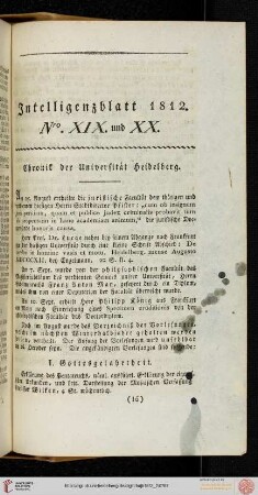 Intelligenzblatt Nro. XIX und XX
