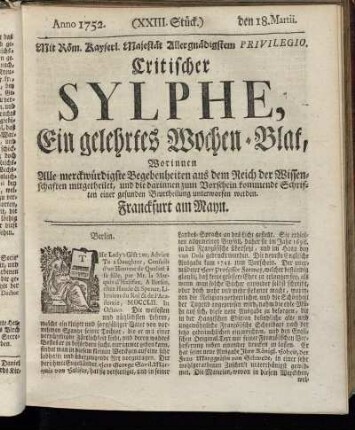 (XXIII. Stück.) den 18. Martii. Anno 1752.
