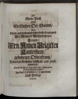 Der Ehren-Preiß Des Geistlichen Oel-Baums/