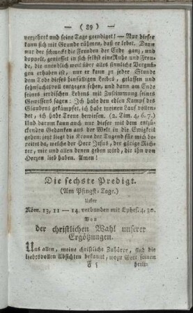 Die sechste Predigt. [...] Von der christlichen Wahl unserer Ergötzungen.
