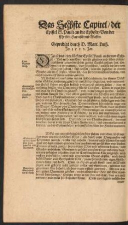 Das Sechste Capitel/ der Epistel Pauli an die Epheser/ Von der Christen Harnisch und Waffen.