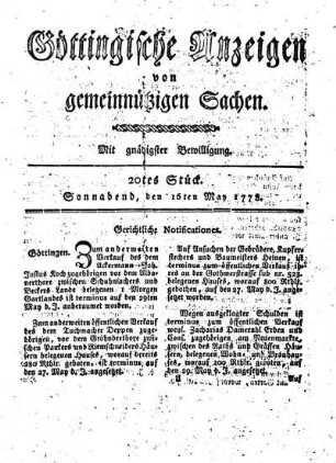 20tes Stück. Sonnabend, den 16ten May 1778.
