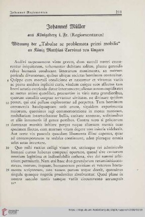 Johannes Müller aus Königsberg i. Fr. (Regiomontanus), Widmung der „Tabulae ac problemata primi mobilis“ an König Matthias Corvinus von Ungarn