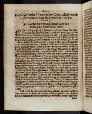 E2v-E3v Num. 4, Copia Fürstlicher Newburgischer Contradiction und gegen Protestation wider nechst vorgehende Preussische Protestation ...
