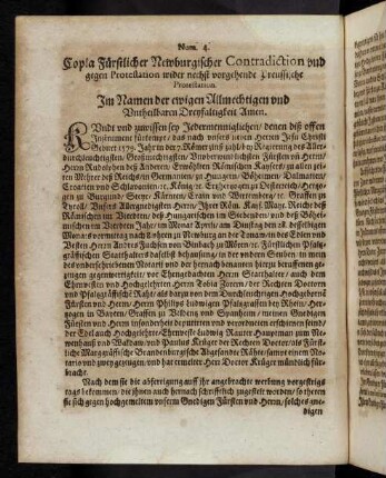 E2v-E3v Num. 4, Copia Fürstlicher Newburgischer Contradiction und gegen Protestation wider nechst vorgehende Preussische Protestation ...