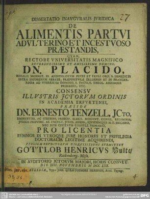 Dissertatio Inauguralis Iuridica De Alimentis Partui Adulterino Et Incestuoso Praestandis : In Auditorio Ictorum Maiori, Horis Consuet. Die XIII. Novembris MDCCXXX