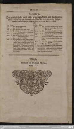 Nota Bene. Der geneigte Leser wolle nicht ungütig nehmen, und nachgesetzte Fehler, welche bey dem Abdruck dieses Werckes, sonderlich in die Zusätze, gewisser Umstände wegen, eingeschlichen, corrigiren, und emendiren ...