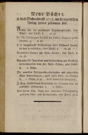 Neue Bücher, so diese Michaelmesse 1778. im Kriegerischen Verlag heraus gekommen sind