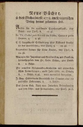 Neue Bücher, so diese Michaelmesse 1778. im Kriegerischen Verlag heraus gekommen sind