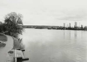 Elbe bei Hochwasser. Überschwemmtes Königufer (Neustadt) gegen Wohnhochhäuser (Johannstadt)