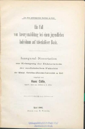 Ein Fall von Aneurysmabildung bei einem jugendlichen Individuum auf tuberkulöser Basis