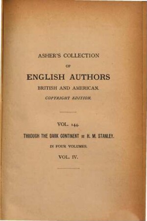 Through the dark continent : or, the sources of the Nile, around the great lakes of equatorial Africa, and down the Livingstone River to the Atlantic Ocean ; with map of the author's route, cosious appendix, and index, 4