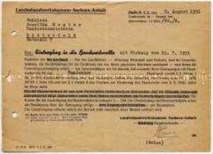 Bescheinigung über die Eintragung des Handweberbetriebes in Bitterfeld in die Handwerksrolle - Personenkonvolut