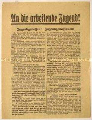 Programmatischer Agitations- und Beitrittsaufruf der Kommunistischen Jugend Deutschlands an die Jugend zur Schaffung der Einheitsfront der kämpfenden Arbeiterjugend