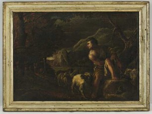 Hirte mit Schafen vor Gebirgslandschaft (Nachtstück)