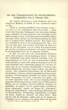 Aus dem Sitzungsprotokoll des oberschwäbischen Zweigvereins vom 2. Februar 1884