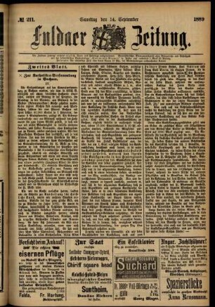 Zweite Ausgabe vom Samstag, den 14. September 1889.