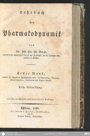 1,1: Welcher die allgemeine Pharmakodynamik, die Narcotica, Nervina, Antiphlogistica, Excitantia und Tonica enthält ; 1. Abt.