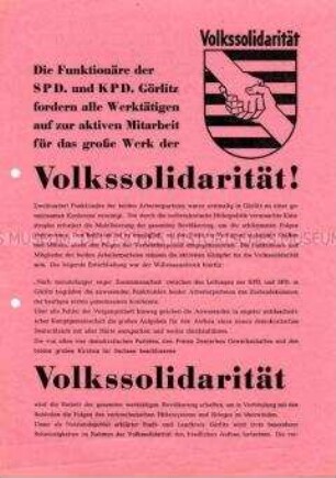 Aufruf von SPD und KPD Görlitz zur Mitarbeit bei der Volkssolidarität