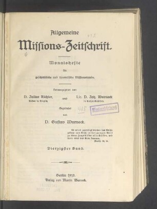 40.1913: Allgemeine Missions-Zeitschrift : Monatsh. für geschichtl. u. theoret. Missionskunde