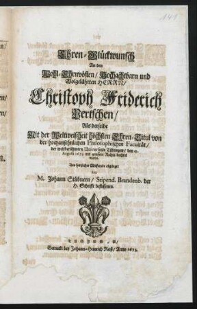 Ehren-Glückwunsch an Christoph Friderich Pertschen