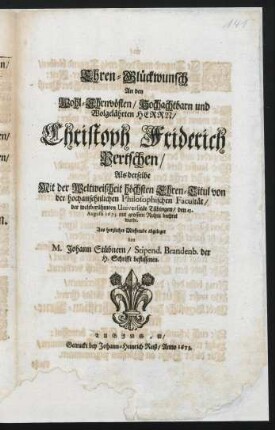Ehren-Glückwunsch an Christoph Friderich Pertschen