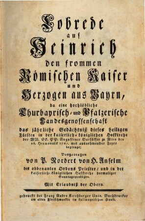 Lobrede auf Heinrich den frommen Römischen Kaiser