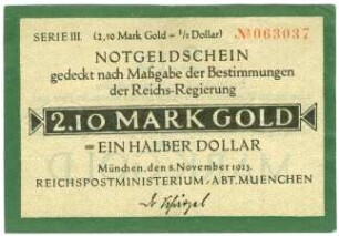 Geldschein / Notgeld, 2,10 Goldmark, 1/2 Dollar (USD), 8.11.1923