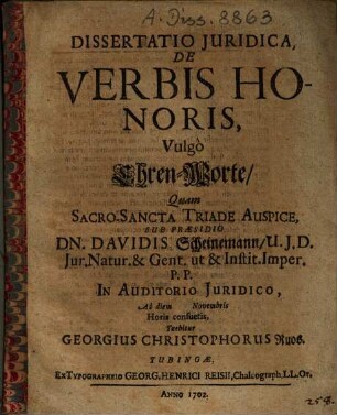 Dissertatio Juridica, De Verbis Honoris, Vulgò Ehren-Worte