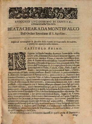 Specchio lucidissimo di santità et miracoli nella vita, morte, et doppo morte della B. Chiara da Montefalco