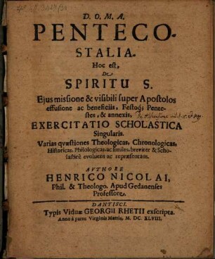 Pentecostalia, h. e., de Spiritu S.