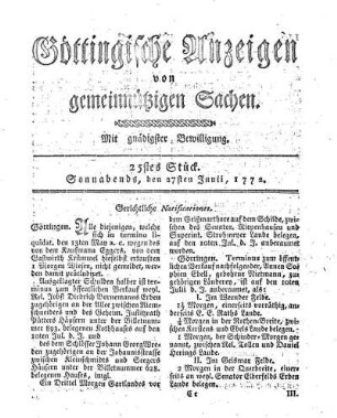 25stes Stück. Sonnabends, den 27sten Junii, 1772.