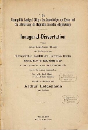 <Die Unionspolitik Landgraf Philipps des Grossmüthigen von Hessen und die Unterstützung der Hugenotten im ersten Religionskrieg