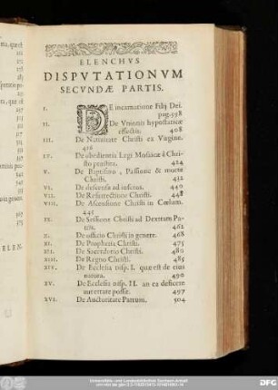 Elenchus Disputationum Secundae Partis.