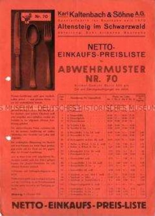 Einkaufspreisliste für Bestecke