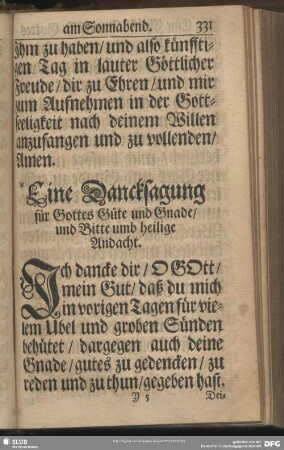 Eine Christliche Dancksagung für Gottes Güte und Gnade, am Sonnabend